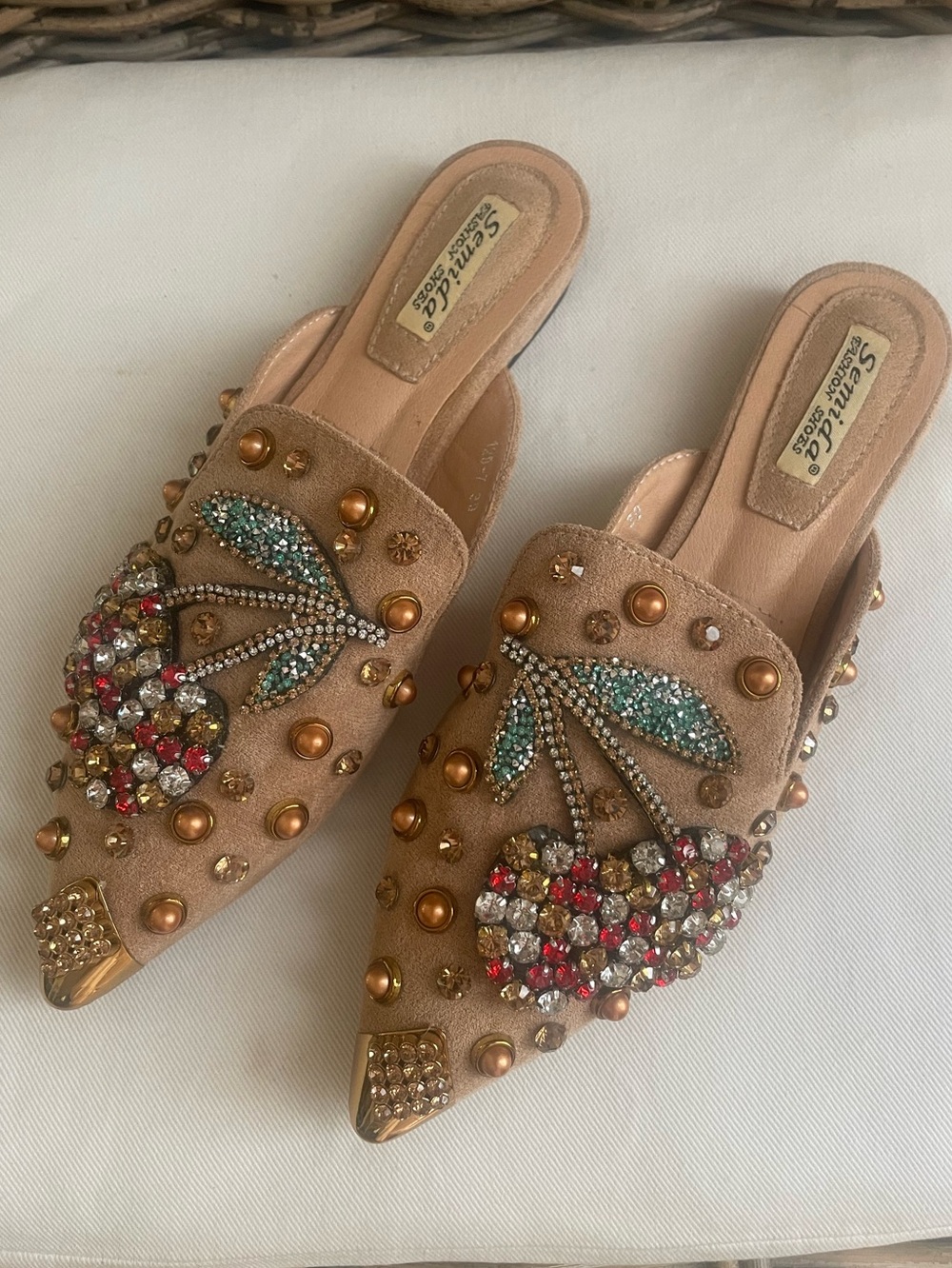 Embellished Beige Suede Mules. Excellent condition- like new